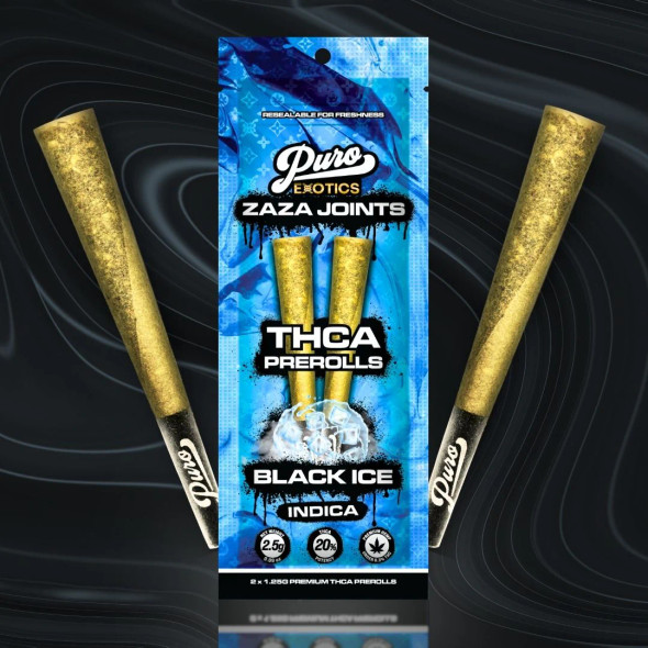 High-quality packaging of PUROEXOTICS ZAZA Joints, showcasing 10 packs of 2.5g pre-rolls. Each pack contains two perfectly rolled joints, ready for a smooth and satisfying smoke.