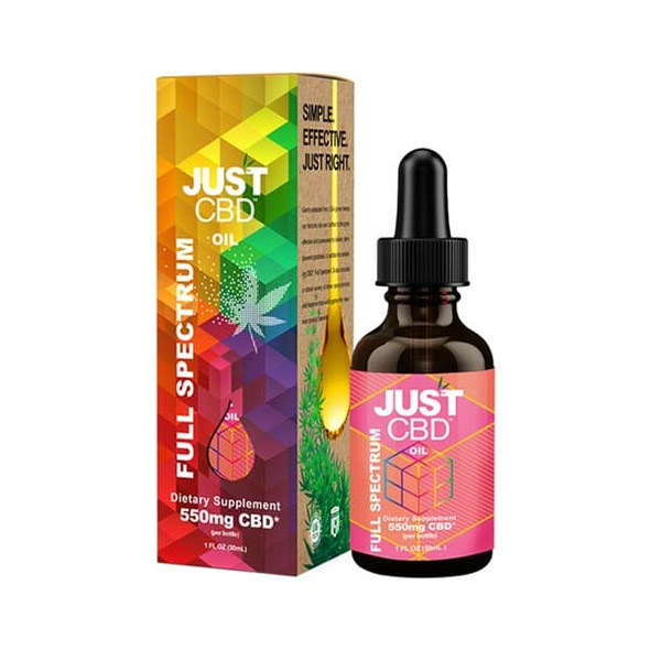 Just CBD 550mg Full Spectrum Tincture Bottle - High-quality packaging showcasing the sleek design and premium branding. Each bottle contains 550mg of potent full-spectrum CBD, offering a rich blend of cannabinoids and terpenes for enhanced therapeutic benefits.