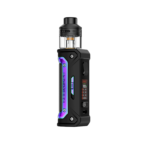 A dynamic image of the Aegis Eteno (E100i) in Rainbow, featuring a multicolored finish that changes tones as it catches the light. The iridescent colors add a playful and unique touch to the robust design, perfect for those who want a standout vaping device.