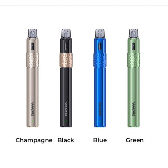 The front view of the Uwell WHIRL F Pod System showcases its sleek, modern design with a hexagonal aluminum body and minimalist detailing. The intuitive draw-activated mouthpiece is clearly visible, along with the LED indicator, highlighting the device's user-friendly features and stylish aesthetics. Perfectly balanced in design and functionality, this view emphasizes the WHIRL F’s compact size and premium build quality.