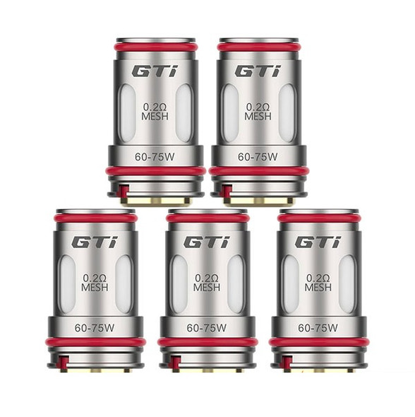 Vaporesso GTi coil pack featuring various resistance options: 0.15Ω, 0.2Ω, 0.4Ω, and 0.5Ω. Each coil is designed for different wattage ranges, providing customizable vaping experiences with enhanced flavor and vapor density.