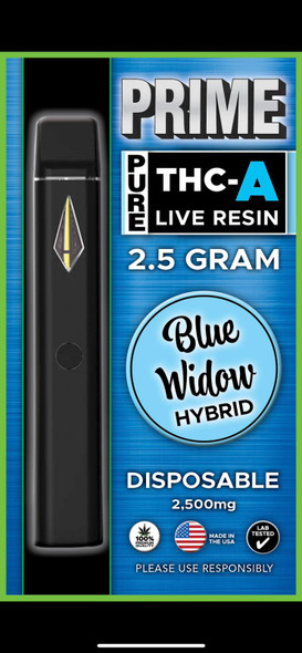 Close-up of the Prime Pure THC-A Live Resin Disposable Vape, showcasing the sleek design and 2.5G capacity label on the packaging.