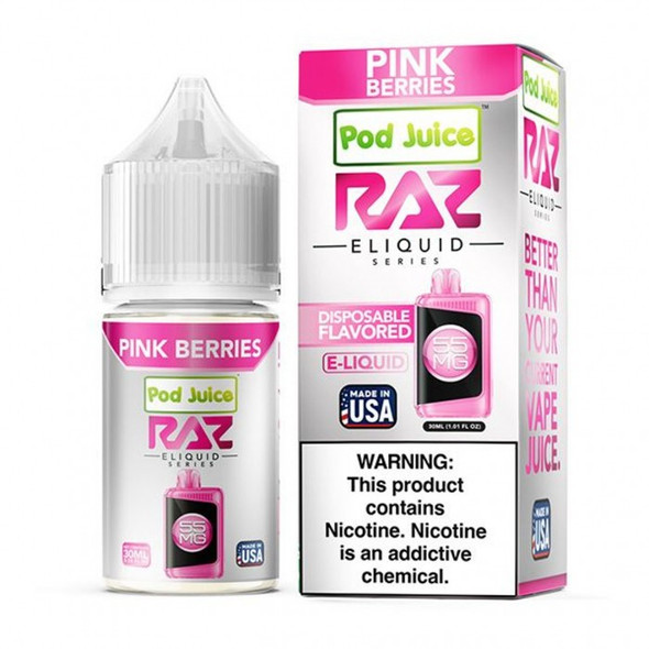 This image features a close-up of the Raz x Pod Juice T.F.N. Salt E-Liquid bottle, showcasing the sleek and vibrant label design. The 30ML bottle is clearly labeled with the flavor name, nicotine strength, and brand, making it easy for customers to identify their preferred choice. The image highlights the compact and portable design, perfect for on-the-go vaping.