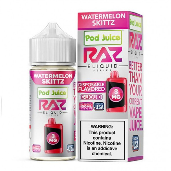 "Front view of the Raz x Pod Juice T.F.N. E-Liquid 100 mL bottle, showcasing the premium packaging and available flavors designed for Sub OHM vaping."