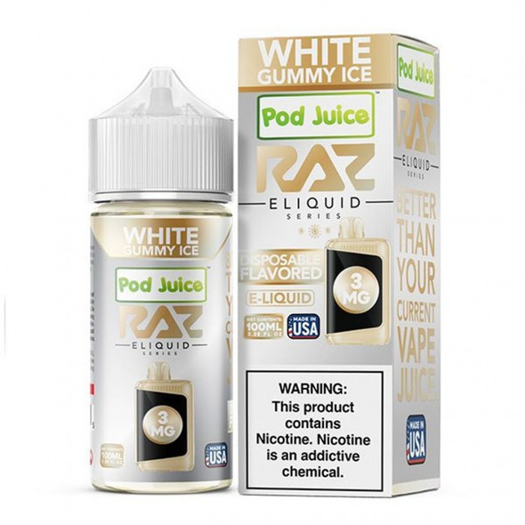 "Close-up of the Raz x Pod Juice T.F.N. E-Liquid, highlighting the generous 100 mL bottle and options in nicotine strengths for a customized vaping experience."