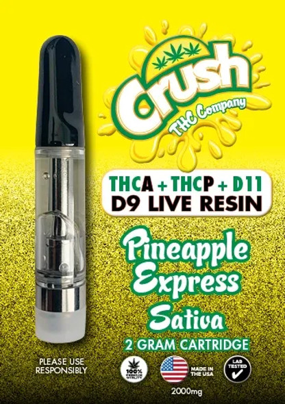 An image of the Crush THC 2G Cartridges packaging, featuring the bold and modern design that signifies a premium product. The packaging includes strain-specific details and highlights the full-spectrum blend of cannabinoids, appealing to both experienced vapers and those new to cannabis concentrates. The image showcases the care taken in both presentation and product quality, ready for retail display or direct customer use.