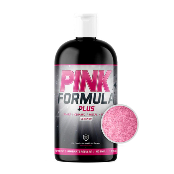 "Pink Formula Plus+ Abrasive Cleaner bottle – featuring the powerful glass bong cleaning solution with added Pink Himalayan Sea Salt for heavy-duty cleaning. Perfect for tackling the dirtiest glass pieces."