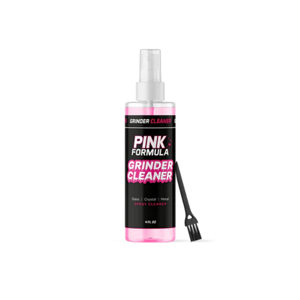 "Pink Formula Grinder Cleaner 4oz Spray Bottle with included brush – designed to eliminate sticky build-up and clean hard-to-reach areas of your grinder with ease. Perfect for maintaining a smooth, functional grinder."