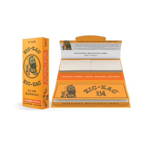 Close-up view of the Zig-Zag Combo Pack - 1 1/4 Orange Carton, featuring 50 leaves and 50 tips. The image showcases the natural flax fiber construction and the 100% Natural Gum Arabic seal, emphasizing the eco-friendly and sustainable qualities of the product. Ideal for customers seeking premium, environmentally conscious smoking accessories.