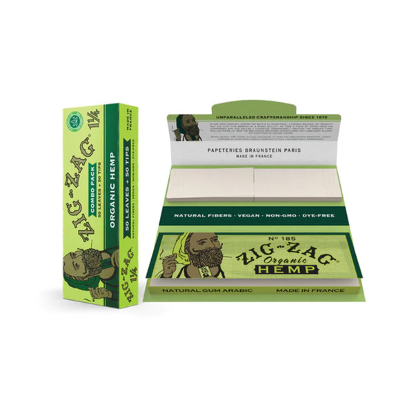 Photo of a full 1 1/4 Organic Hemp Carton of Zig-Zag Combo Pack, containing 24 booklets. Each booklet showcases the high-quality, unbleached hemp papers and tips made from 100% renewable resources. Ideal for retailers and dispensaries looking to stock premium organic smoking accessories that cater to the growing demand for sustainable products.