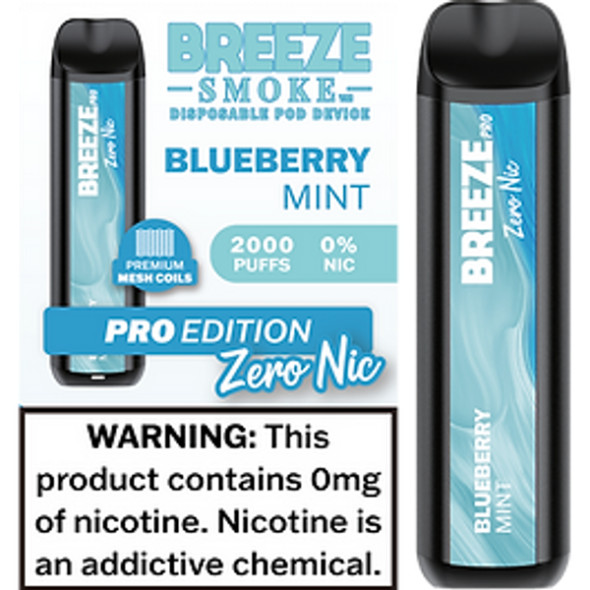 A close-up view of a single Breeze Pro Zero Nic Disposable Vape, featuring the ergonomic design and premium mesh coils. The image captures the device's sleek appearance, complete with branding and specifications like the 1000mAh battery and 6mL e-juice