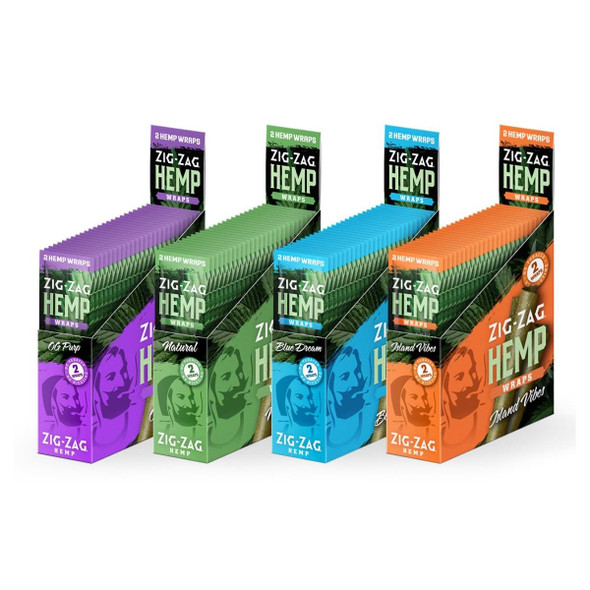 A display box of Zig-Zag Hemp Wraps, showcasing 25 individual 2-count packs. Each pack is designed with resealable packaging to keep the 100% tobacco-free hemp wraps fresh and ready for use. The display highlights the variety of flavors available, appealing to smokers who seek a smooth, slow-burning, and refined smoking experience.