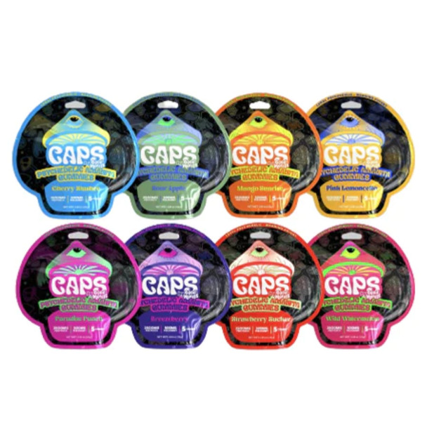 CAPS Psychedelic Amanita Gummies; "CAPS Amanita Muscaria Psychedelic Gummies 500mg (10-Pack) displayed in a vibrant pouch, showcasing the Good Morels logo and a variety of fruit illustrations to represent the 8 available flavors."