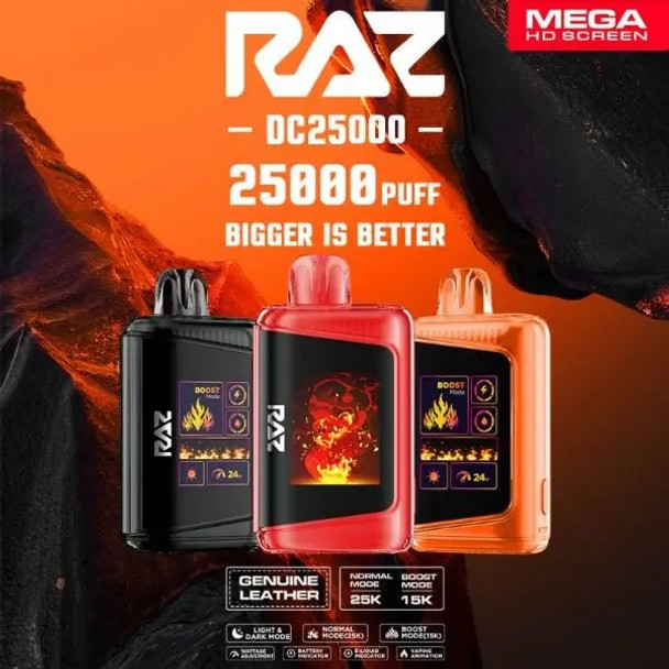 Image showcasing the sleek and ergonomic design of the RAZ DC25000 Disposable Vape, highlighting its slim profile and intuitive LED display for battery and e-liquid monitoring. The vape is displayed against a clean, modern background to emphasize its stylish appearance.