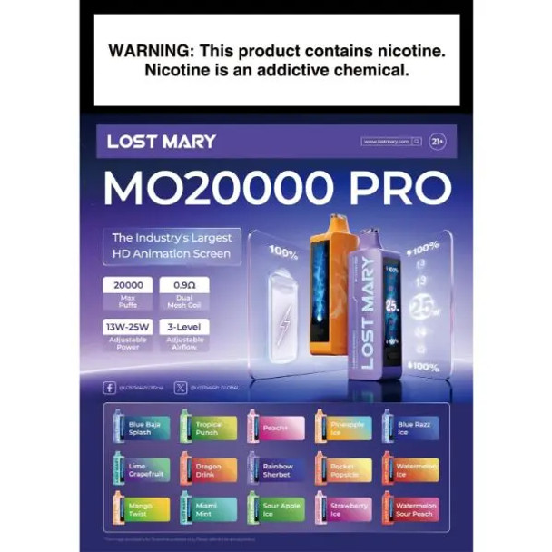 Showcasing the sleek and vibrant packaging of the Lost Mary MO20000 PRO 5-Pack. Each package includes five disposable vapes, each individually wrapped for freshness and quality assurance. The image highlights the modern design and compact form factor of the vapes, making it clear that style doesn’t compromise functionality. The distinct colors for each flavor are visibly marked, appealing to a variety of tastes