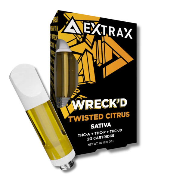 A visually appealing image showcasing the packaging of the Delta Extrax THC-A Cart Wreck’d 2G (6PK), highlighting the premium design and vibrant branding.