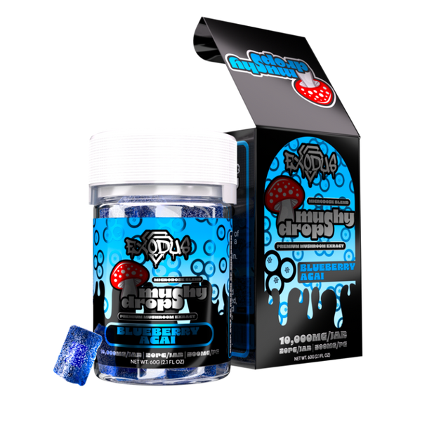 A vibrant image of EXODUS Mushy Drops in Blueberry Acai flavor