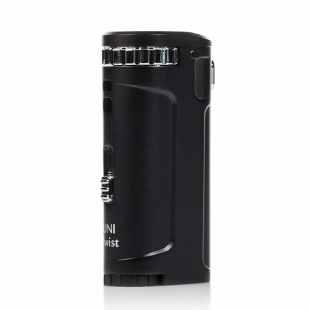 "Front view of the Yocan UNI Twist Mod in Silver, showcasing its sleek zinc-alloy design and adjustable voltage dial at the base for a customized vaping experience."