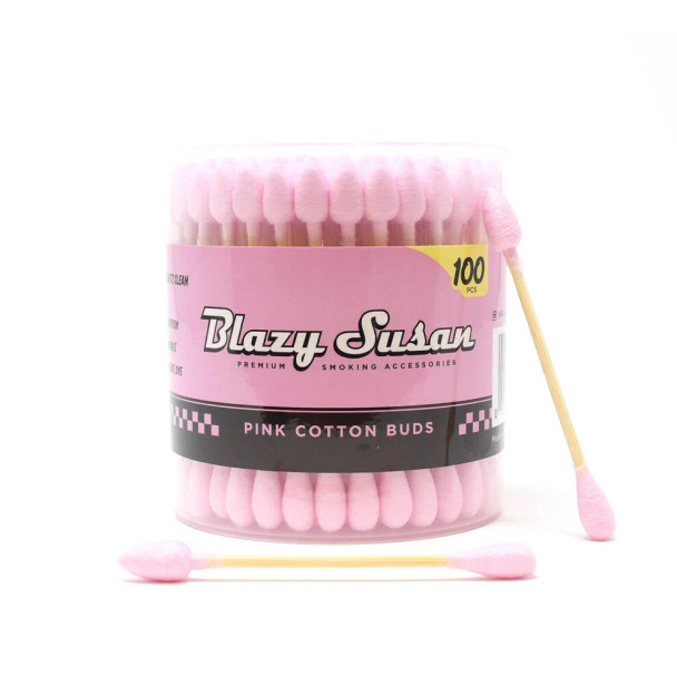 Close-up of Blazy Susan Pink Cotton Buds 100CT Jar, showcasing the vibrant pink triple-wrapped cotton tips on durable bamboo sticks. The image emphasizes the premium quality and stylish design of the cotton buds, perfect for effective cleaning of smoking devices and other delicate surfaces, adding a pop of color to your cleaning routine.