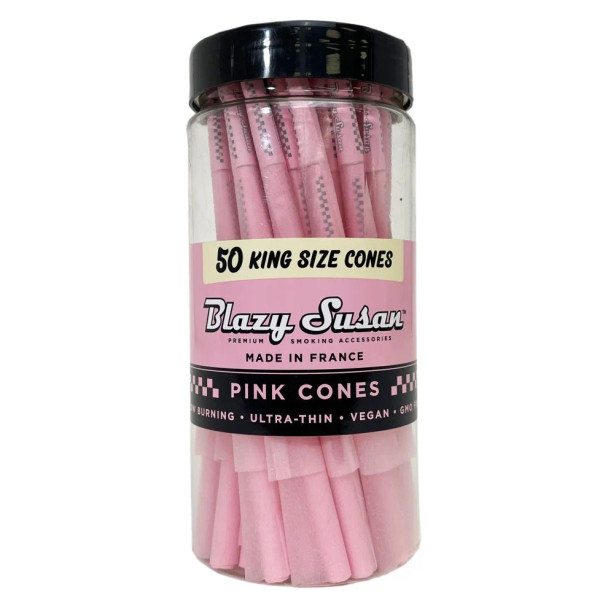 A sleek jar of Blazy Susan King Size Pink Pre-Rolled Cones, featuring 50 high-quality, ultra-thin pre-rolled cones in a vibrant pink hue. The cones are made from 100% organic and vegan materials, designed for a slow and even burn, perfect for a premium smoking experience.