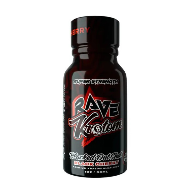 RAVE SUPER STRENGTH KRATOM SHOT BLACKED OUT 1 OZ FRONT VIEW
