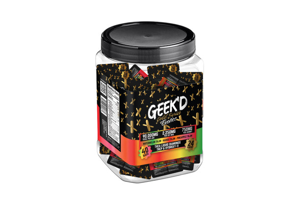 GEEK’D GOLD SERIES EXOTICS THCA LIQUID DIAMONDS THCP & HYDROXY-11 – 90,000MG TOTAL JAR (3 X 750MG GUMMIES PER BAG) | 40 BAGS