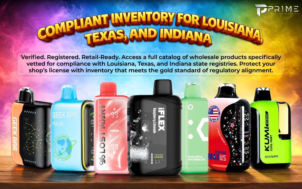 Compliant Vape Inventory for Louisiana, Texas, and Indiana: Wholesale State Compliant Vapes Built for Regulated Markets