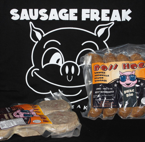 Sausage of the month club first delivery containing 2 packages of sausage and a sausage freak t-shirt.