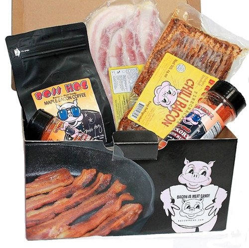 Bacon is Meat Candy Gift Bundle delivers in a colorful and fun gift box containing one pack of Bacon Freak Hickory Smoked Bacon, one pack of Bacon Freak Firecracker Chili Bacon, one 8 oz bag of Boss Hog Maple Bacon Coffee Beans, one 5 ounce bottle of Boss Hog Hickory Bacon Rub and one bottle of Boss Hog Bacon Flavored Seasonings.