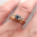 14K Rose Gold Naples Teal Montana Sapphire Three Stone Ring by Olivia Ewing Jewelry 