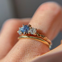 14K Rose Gold Naples Teal Montana Sapphire Three Stone Ring and 1.5mm Driftwood Ring