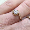 Unique yellow gold Moissanite engagement ring by Olivia Ewing Jewelry