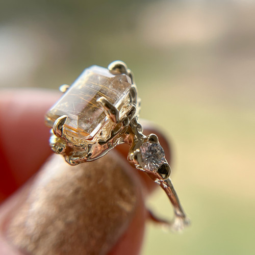 Raw crystal ring | anthraxolite quartz diamond ring