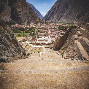 Inca fortress of Ollantaytambo rising above the Sacred Valley, Peru