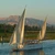 Feluccas under sail on the Nile with desert mountains beyond, Egypt