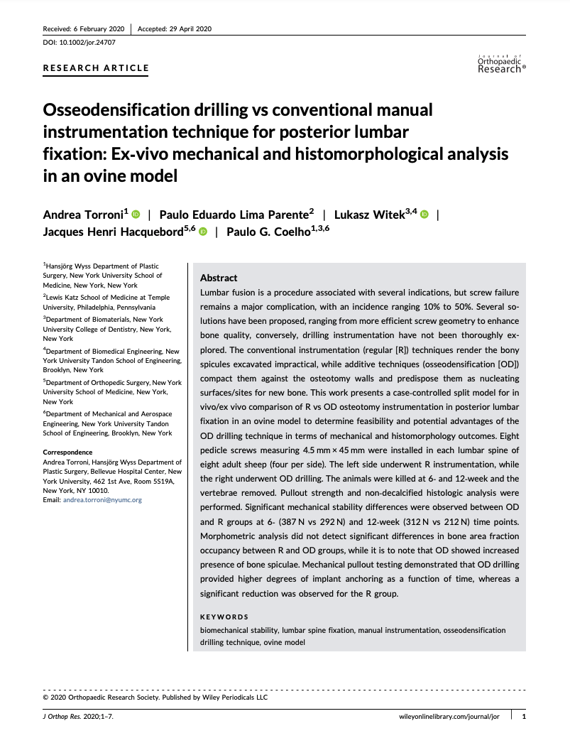 biomechanical stability, lumbar spine fixation, manual instrumentation, ovine model 