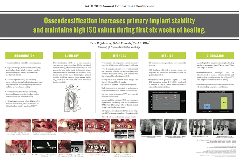 • Implant stability is critical for osseointegration • Surgical technique, bone quantity and quality, and implant design all affect primary stability since bone-implant contact provides initial mechanical stability • Maintaining bone during the osteotomy preserves bone density, leading to increased boneimplant contact, increased primary mechanical stability, and accelerated healing • Secondary implant stability is affected by bone modeling/remodeling, implant surface characteristics, and primary stability • Higher insertion torque values (ITV) result in reduced micromotion, which is indicated by higher implant stability quotients (ISQ)