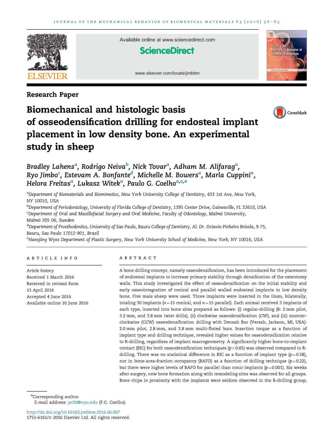 A bonedrillingconcept,namelyosseodensification, hasbeenintroducedfortheplacement of endostealimplantstoincreaseprimarystabilitythroughdensification oftheosteotomy walls. Thisstudyinvestigatedtheeffectofosseodensification ontheinitialstabilityand early osseointegrationofconicalandparallelwalledendostealimplantsinlowdensity bone. Fivemalesheepwereused.Threeimplantswereinsertedintheilium,bilaterally, totaling 30implants(n 15 conical,and n 15 parallel).Eachanimalreceived3implantsof each type,insertedintobonesitespreparedasfollows:(i)regular-drilling(R:2mmpilot, 3.2 mm,and3.8mmtwistdrills),(ii)clockwiseosseodensification (CW),and(iii)counter- clockwise (CCW)osseodensification drillingwithDensahBur(Versah,Jackson,MI,USA): 2.0mmpilot,2.8mm,and3.8mmmulti-fluted burs.Insertiontorqueasafunctionof implant typeanddrillingtechnique,revealedhighervaluesforosseodensification relative to R-drilling,regardlessofimplantmacrogeometry.Asignificantly higherbone-to-implant contact (BIC)forbothosseodensification techniques(po0.05) wasobservedcomparedtoR- drilling. TherewasnostatisticaldifferenceinBICasafunctionofimplanttype(p 0.58), nor inbone-area-fractionoccupancy(BAFO)asafunctionofdrillingtechnique(p 0.22), but therewerehigherlevelsofBAFOforparallelthanconicimplants(p 0.001). Sixweeks after surgery,newboneformationalongwithremodelingsiteswasobservedforallgroups. Bone chipsinproximitywiththeimplantswereseldomobservedintheR-drillinggroup,