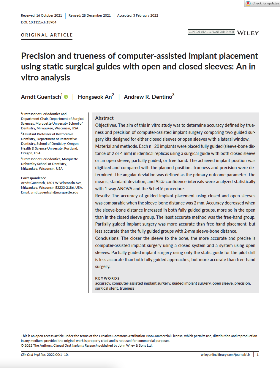 accuracy, computer-assisted implant surgery, guided implant surgery, open sleeve, precision, surgical stent, trueness