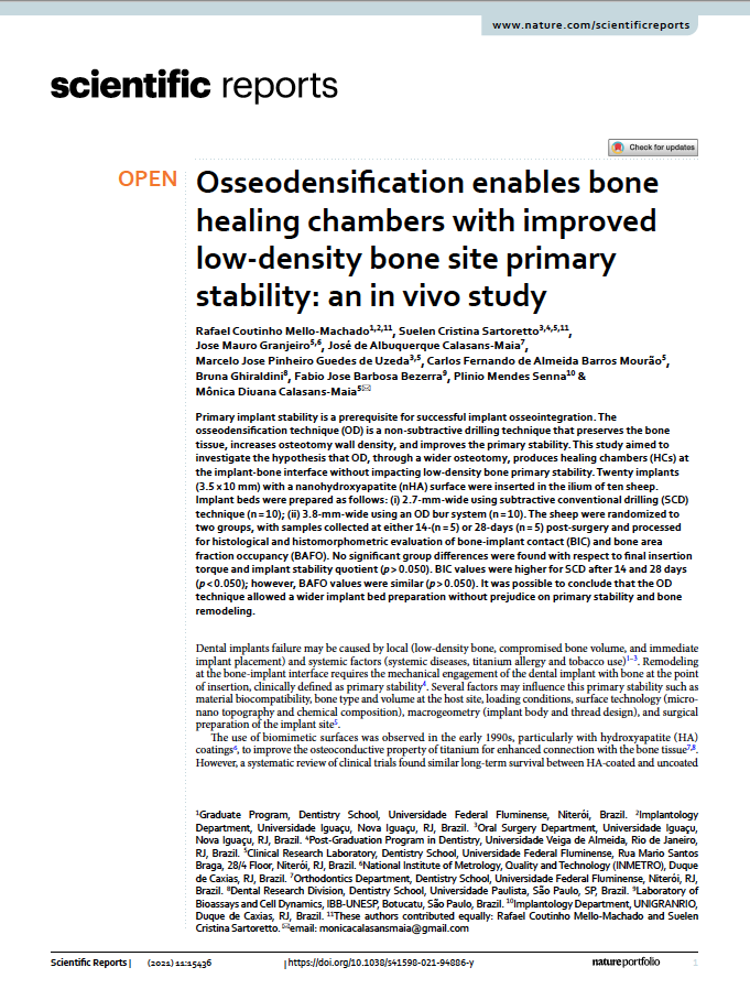 Primary implant stability is a prerequisite for successful implant osseointegration. The osseodensification technique (OD) is a non-subtractive drilling technique that preserves the bone tissue, increases osteotomy wall density, and improves the primary stability. This study aimed to investigate the hypothesis that OD, through a wider osteotomy, produces healing chambers (HCs) at the implant-bone interface without impacting low-density bone primary stability. Twenty implants (3.5   10 mm) with a nanohydroxyapatite (nHA) surface were inserted in the ilium of ten sheep. Implant beds were prepared as follows: (i) 2.7-mm-wide using subtractive conventional drilling (SCD) technique (n = 10); (ii) 3.8-mm-wide using an OD bur system (n = 10). The sheep were randomized to two groups, with samples collected at either 14-(n = 5) or 28-days (n = 5) post-surgery and processed for histological and histomorphometric evaluation of bone-implant contact (BIC) and bone area fraction occupancy (BAFO). No significant group differences were found with respect to final insertion torque and implant stability quotient (p > 0.050). BIC values were higher for SCD after 14 and 28 days (p < 0.050); however, BAFO values were similar (p > 0.050). It was possible to conclude that the OD technique allowed a wider implant bed preparation without prejudice on primary stability and bone remodeling.