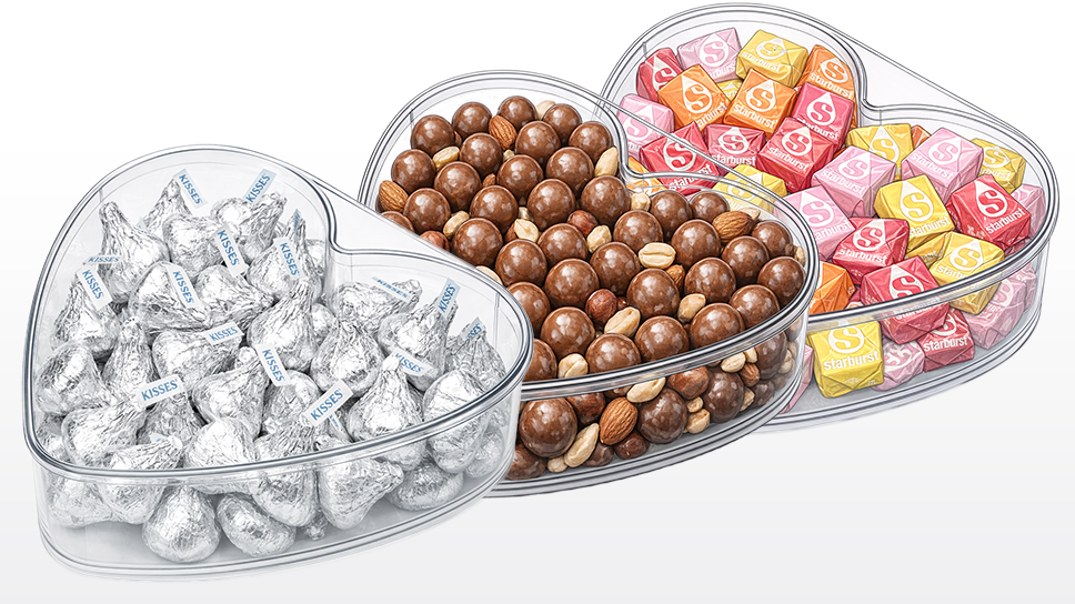 Clear thermoformed heart shaped tray with lids (sold stacked, not contents) 100 trays and 100 lids per box.