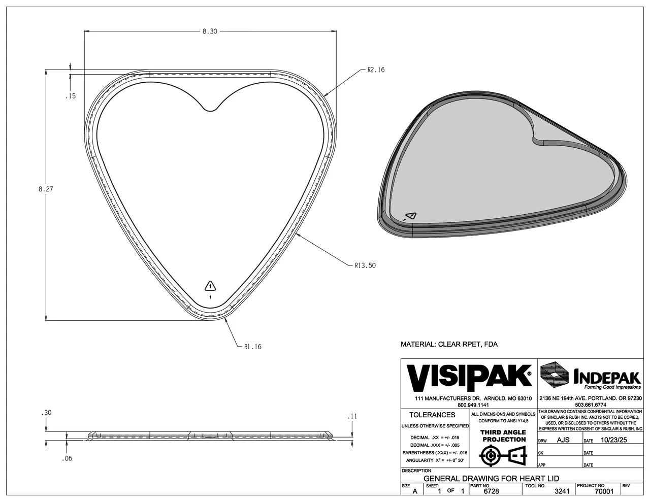 Technical drawing for clear thermoformed lid for heart shaped tray container from VisiPak