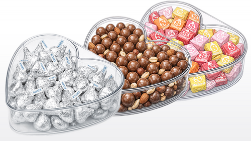 Clear thermoformed heart shaped tray with lids (sold stacked, not contents) 100 trays and 100 lids per box.