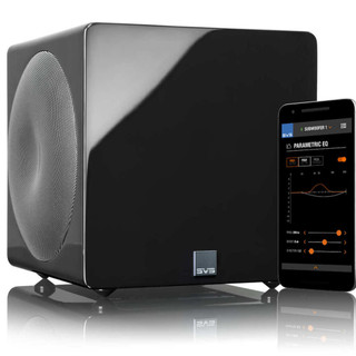 SVS 3000 Micro Subwoofer in Gloss Black front angled view with smartphone app