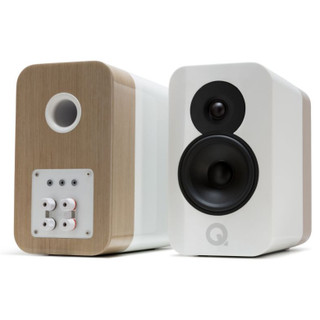 Q Acoustics Concept 300 Standmount Speakers White and Oak (Pair) — front and rear view