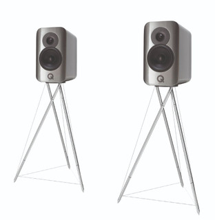 Q Acoustics Concept 300 Standmount Speakers WITH Stands Silver and Ebony (Pair) — hero view with Tensegrity stands