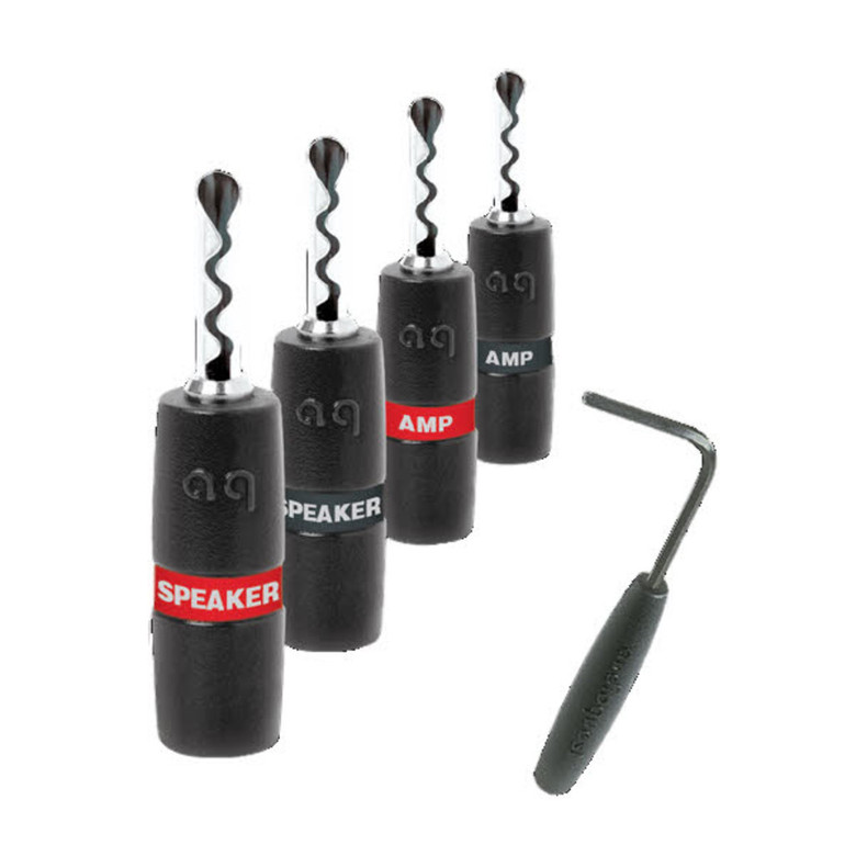 AudioQuest Sure Grip BFA Silver Banana Plugs - 4 plugs with AMP and SPEAKER labels and cold-weld tightening key