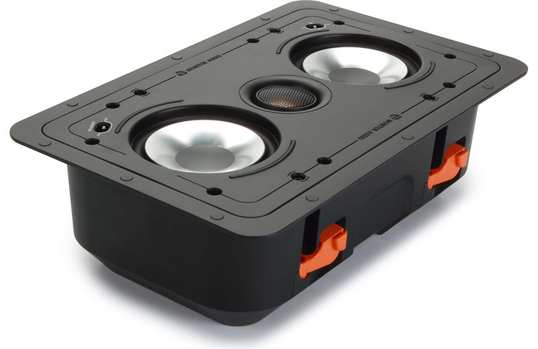 Monitor Audio CP-WT240-LCR in-wall speaker angled hero view without grille showing twin C-CAM drivers and gold dome tweeter