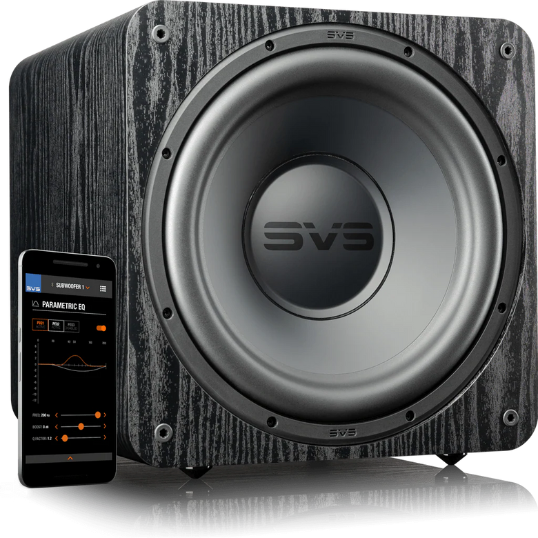 SVS SB-1000 Pro Subwoofer in Black Ash front angled view with smartphone app