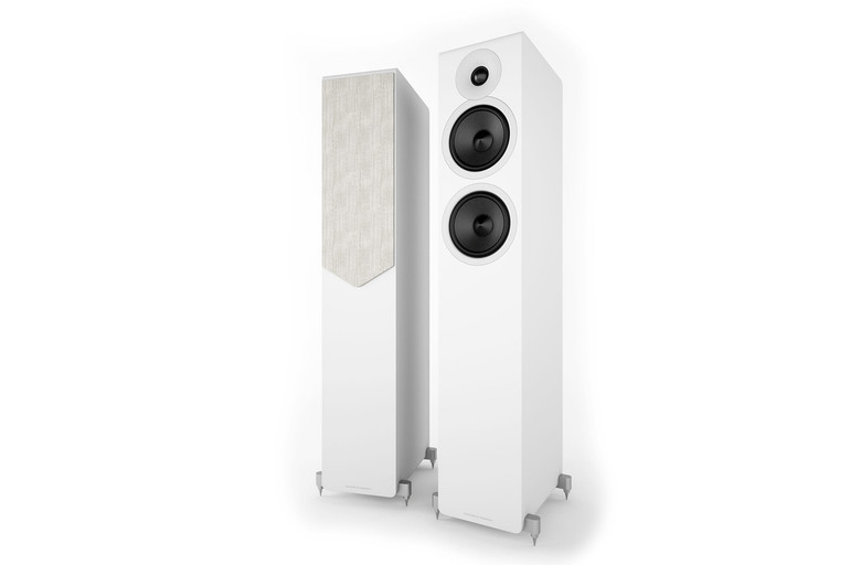Pair of Acoustic Energy AE309² floorstanding speakers White angled view